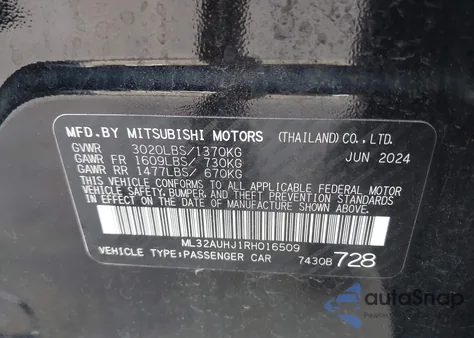 2024 Mitsubishi Mirage Es/Le z USA, uszkodzony, nr VIN ML32AUHJ1RH016509